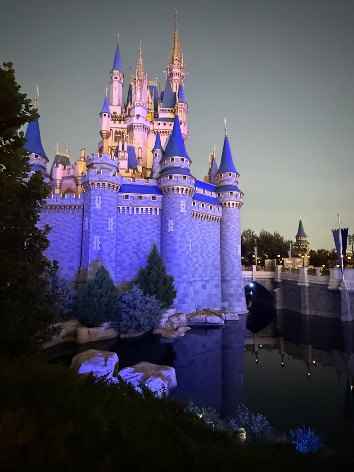 Cinderella Castle illuminated in blue and pink at Walt Disney World.