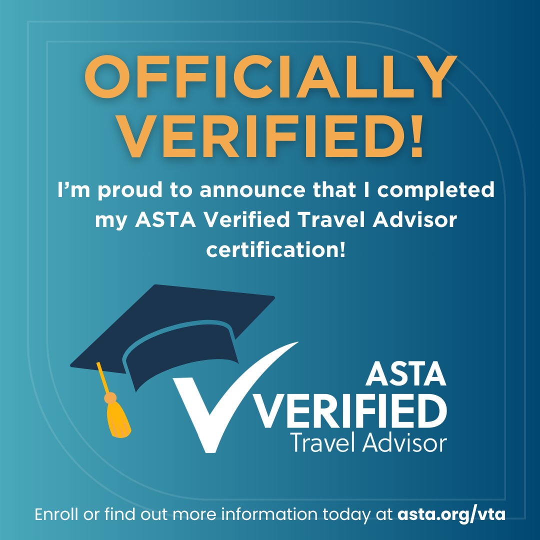 ASTA Verified Travel Advisor badge announcing Melissa Yetter's completed certification