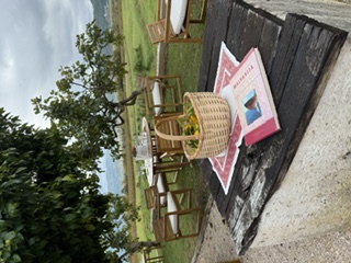 Al fresco table setting in a Dalmatian garden with a picnic basket