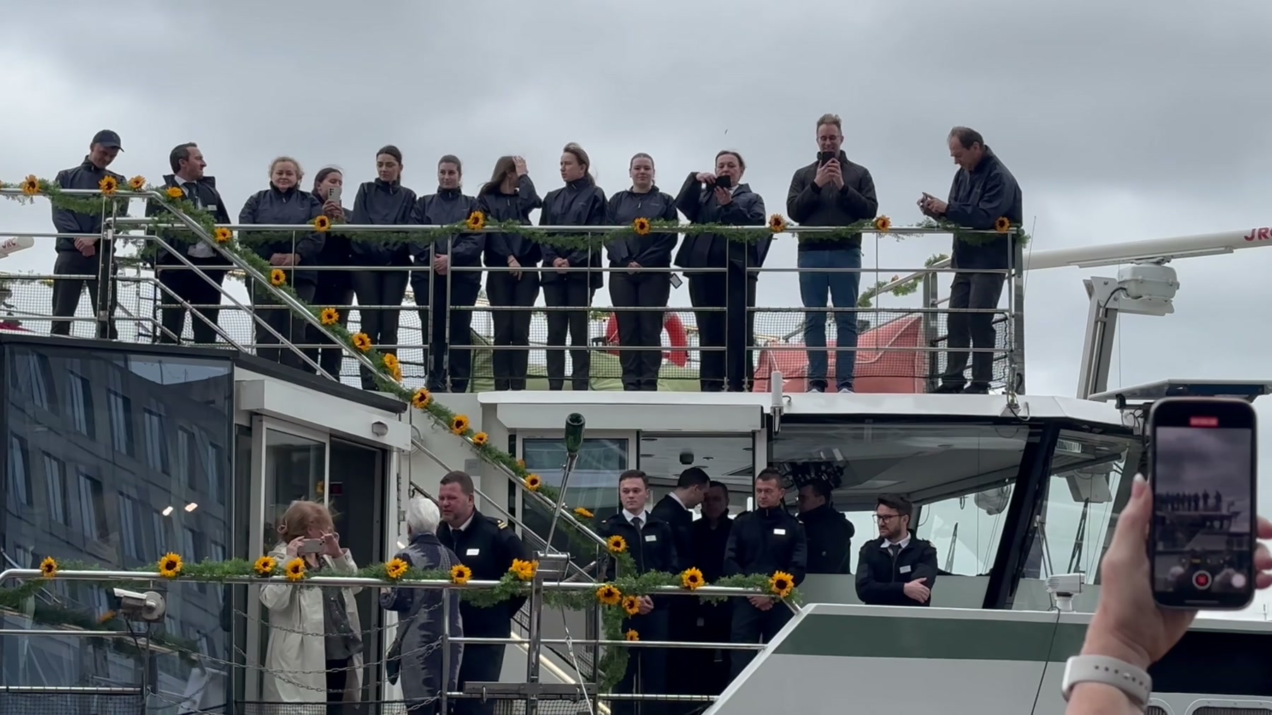 AmaViola crew gathered at the gangway during the AmaWaterways Budapest to Vilshofen sailing in 2023
