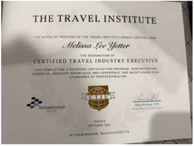 The Travel Institute certificate awarding Melissa Lee Yetter the Certified Travel Industry Executive designation, issued September 2023