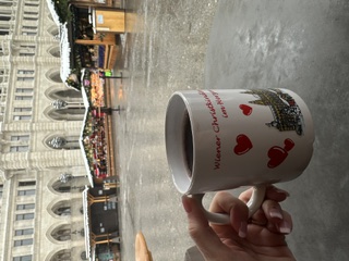 Hand holding a Wiener Christkindlmarkt mug of mulled wine in front of Vienna's City Hall