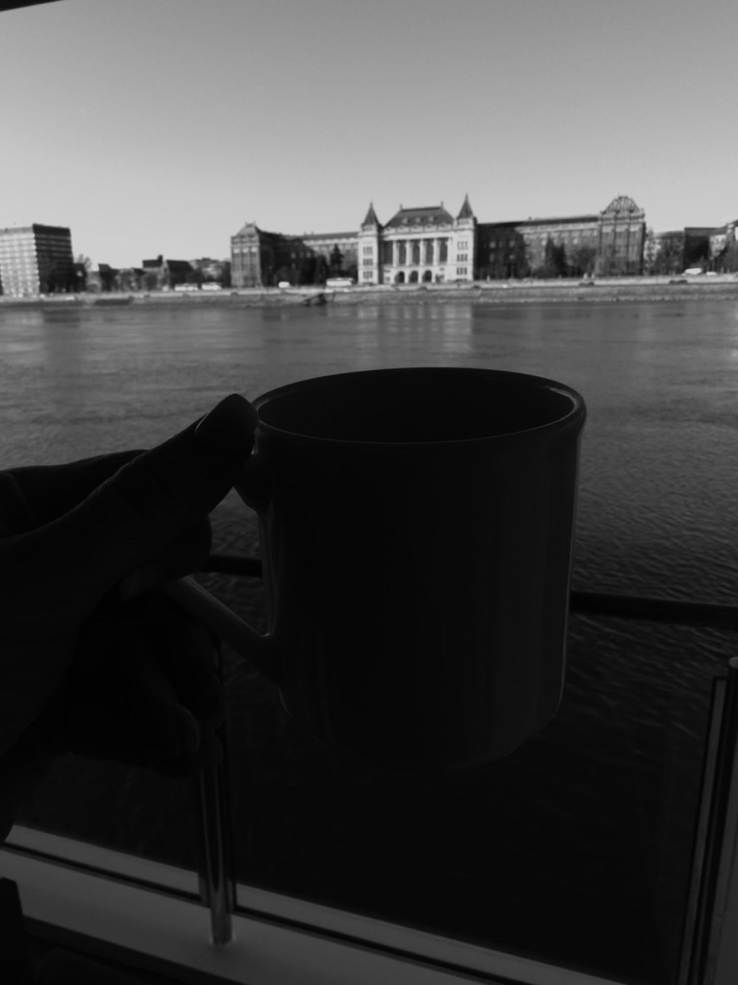 Morning coffee held at a river cruise stateroom window overlooking the Danube and Budapest riverfront architecture.