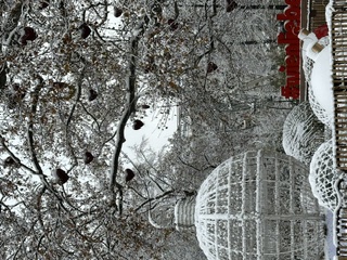 Snow-covered park with an ornamental dome and trees hung with red heart decorations in Vienna