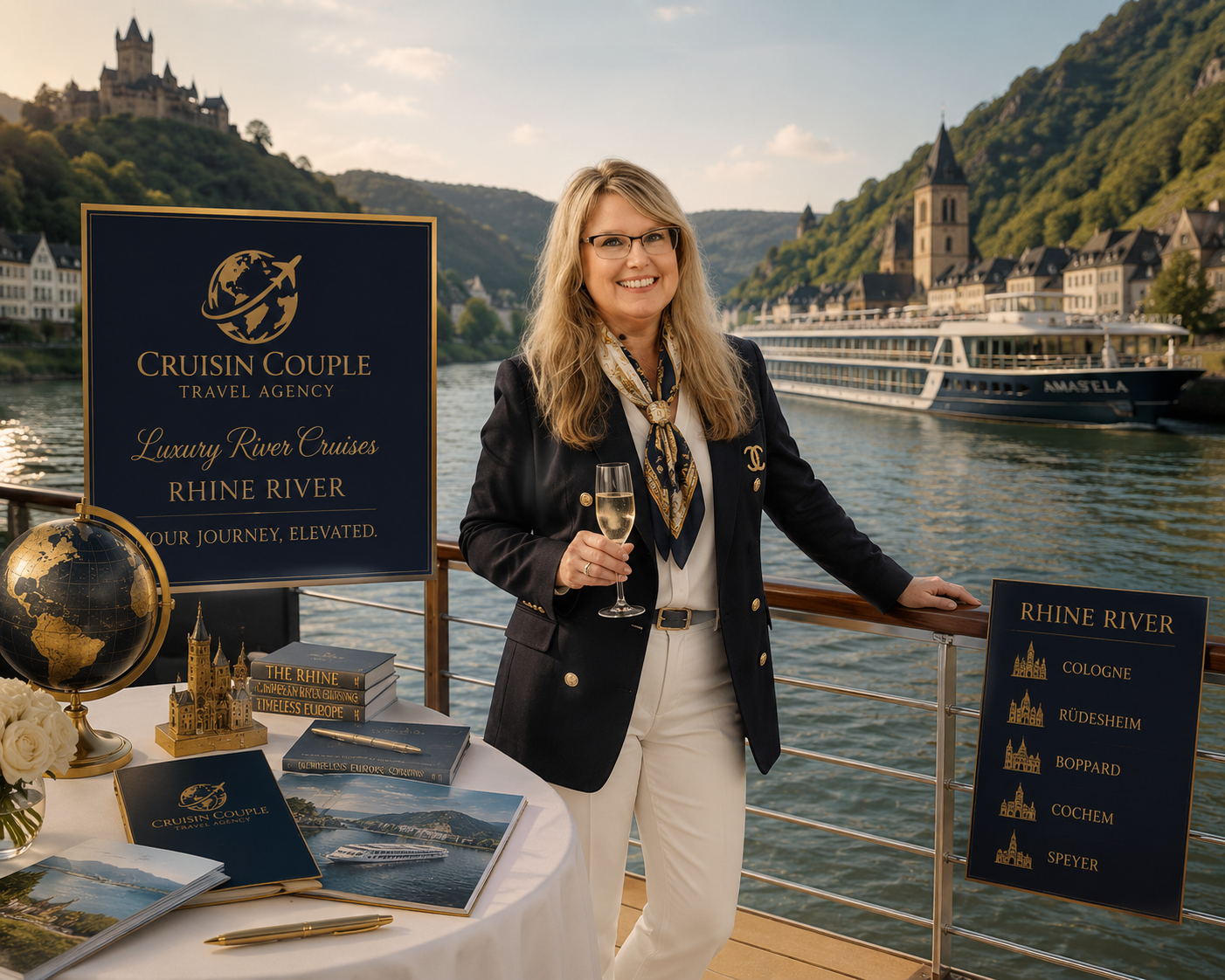 AmaWaterways river cruise ship sailing a calm European river.