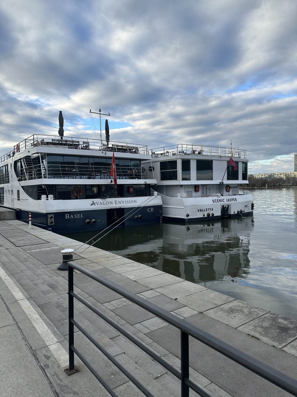 AmaWaterways river cruise ship docked in a European port, photographed during a firsthand sailing