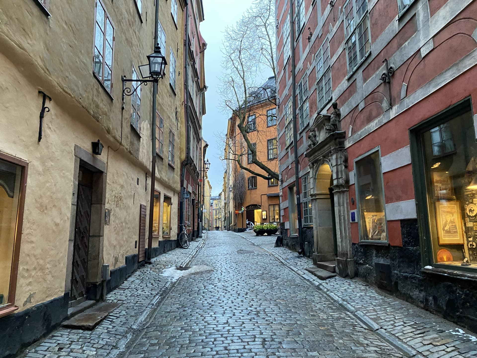 A cobblestone street in Gamla Stan, Stockholm's Old Town.