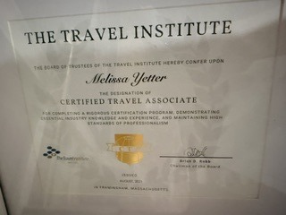 The Travel Institute certificate awarding Melissa Yetter the Certified Travel Associate designation
