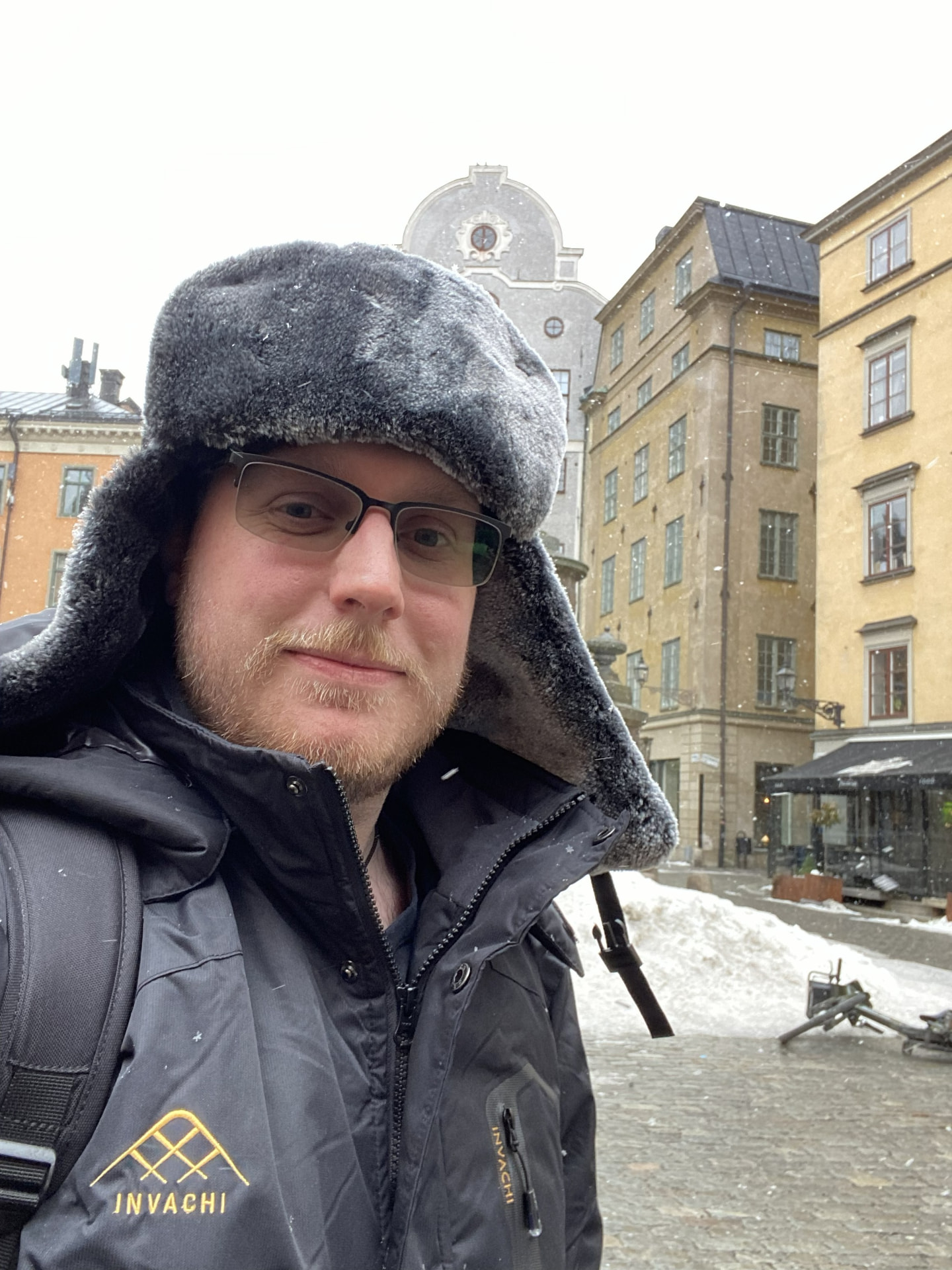 Tyler Muench in Stockholm's Old Town in winter.