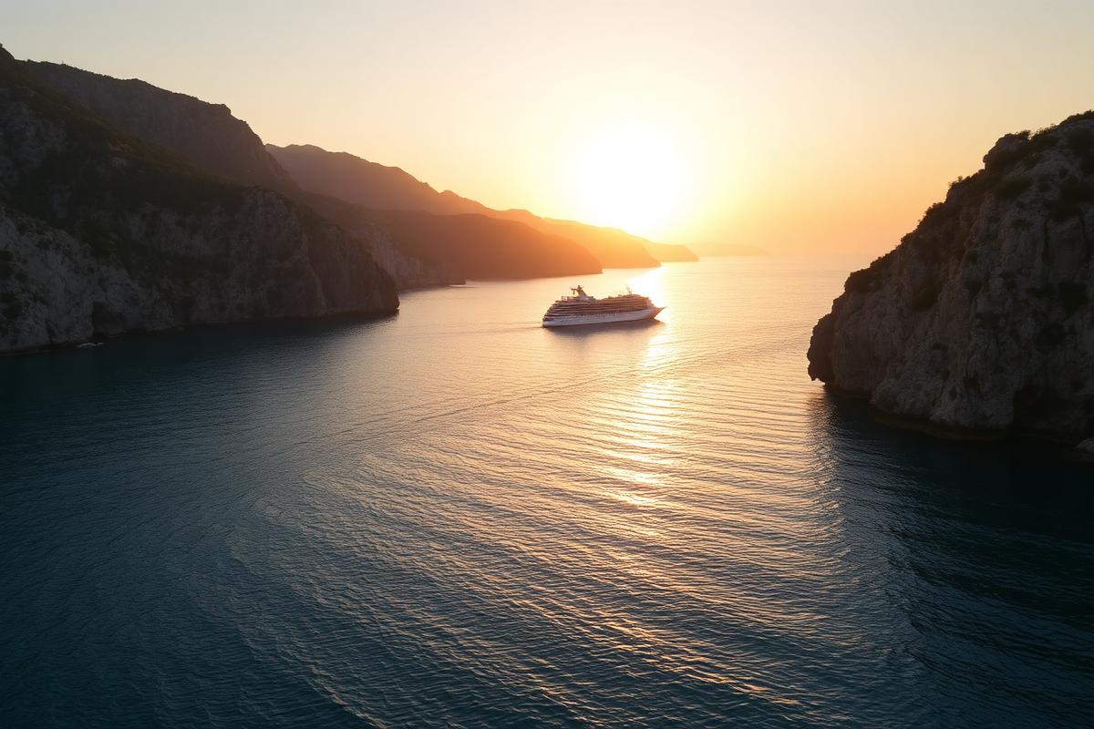 Coastal cruise ship sailing through calm waters at golden hour