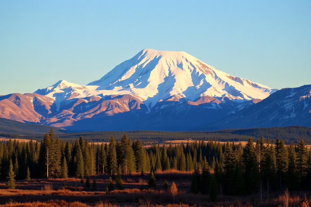 Snow-capped Denali mountain peak rising above the Alaska tundra and forests