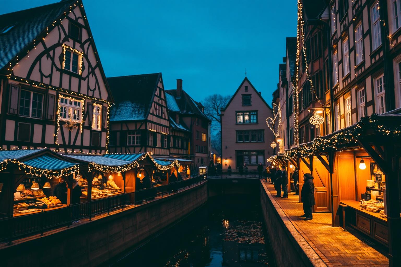 Half-timbered houses and Christmas market stalls lit at dusk along a canal in Strasbourg's Petite France Half-timbered houses and Christmas market stalls lit at dusk along a canal in Strasbourg's Petite France